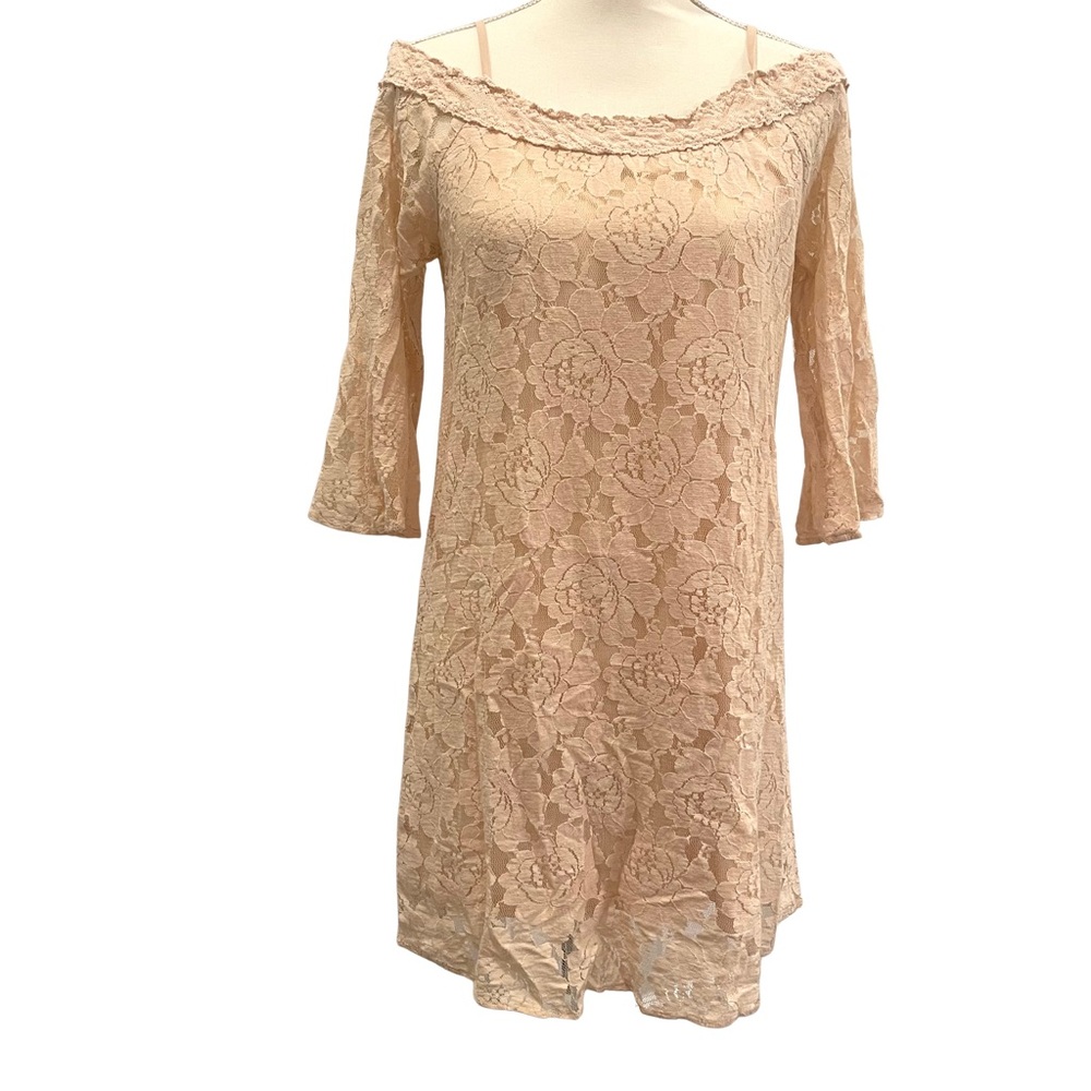 Flying Tomato Women S Mini Dress 3/4 Sheer Sleeve Blush Floral Lace Boho Coastal